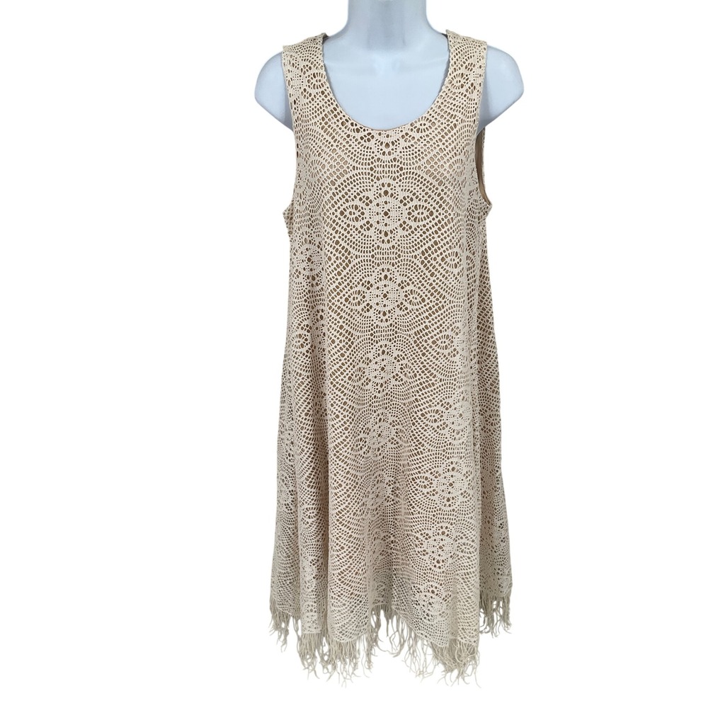 One World Dress Womens S Cream Crochet Fringe Boho Western Coastal Cottagecore